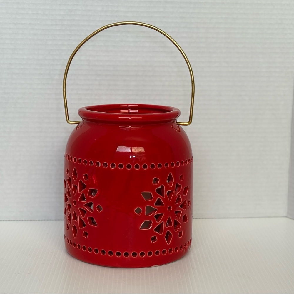 Red Ceramic Snowflake Winter Xmas Lantern w/ LED Flickering Flameless Candle 7”